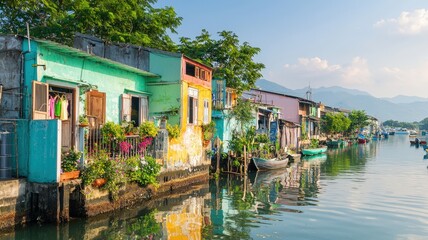 Obraz premium A vibrant waterfront scene featuring colorful houses adorned with plants alongside a calm canal under a clear sky.
