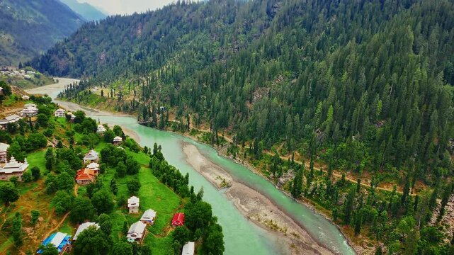 View of Arang Kel village from a moving cable car during daytime in Azad Jammu and Kashmir, Pakistan