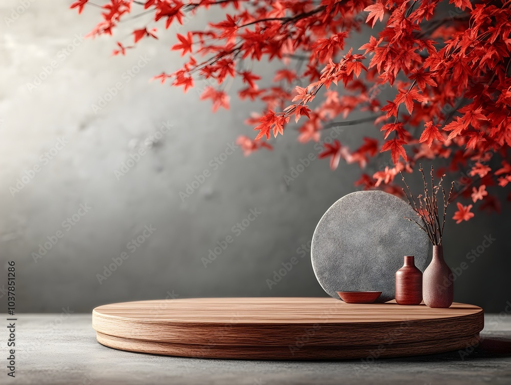 Poster circular wooden stage placed on a tabletop with vibrant red maple foliage hanging behind it set agai