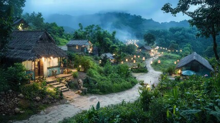 Fototapeta premium A serene village landscape at dusk, featuring rustic homes, winding paths, and gentle mist enveloping lush greenery.