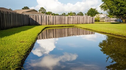 Fototapeta premium Backyard with standing water reflecting the surrounding trees and sky, capturing the serene beauty of nature's reflection and the tranquility of a still moment.