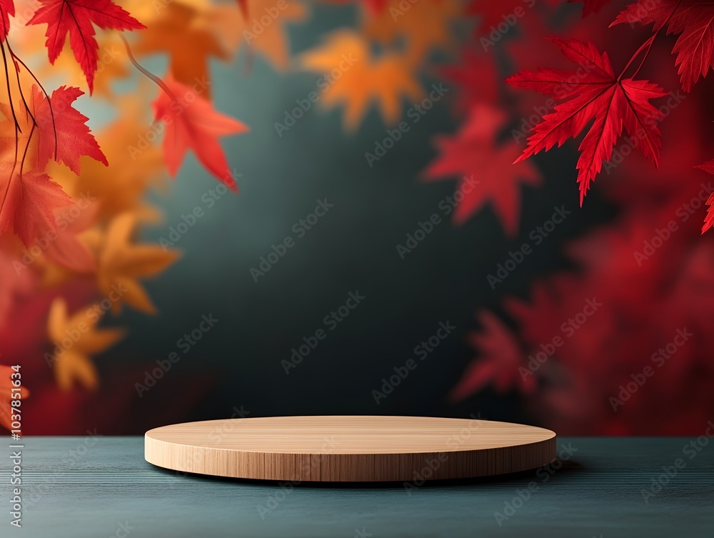 Poster elegant wooden circular display with vibrant red maple leaves draped across a multicolored backgroun