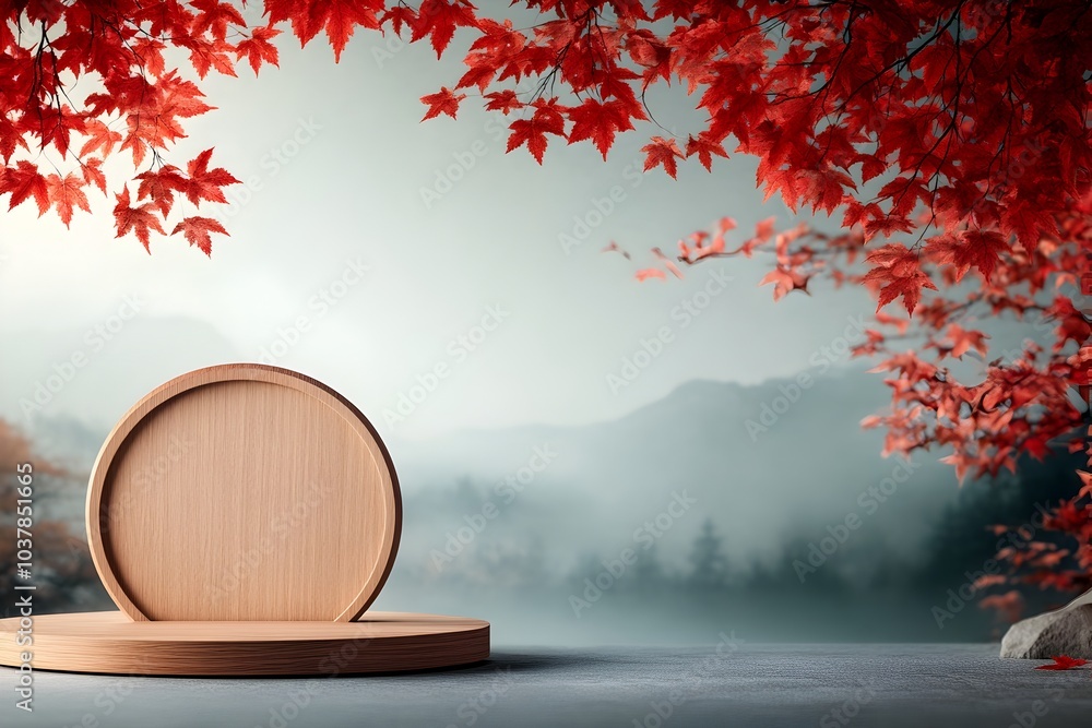 Poster elegant wooden round display placed on a tabletop with lush red maple foliage elegantly draped in th