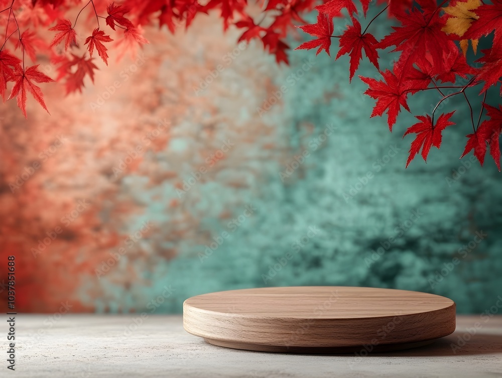 Poster vibrant red maple foliage elegantly hanging in the background of a wooden circular display placed on
