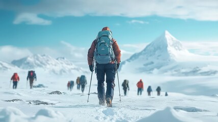 A group of hikers trek through a snowy landscape, with towering mountains in the background under a bright sky.