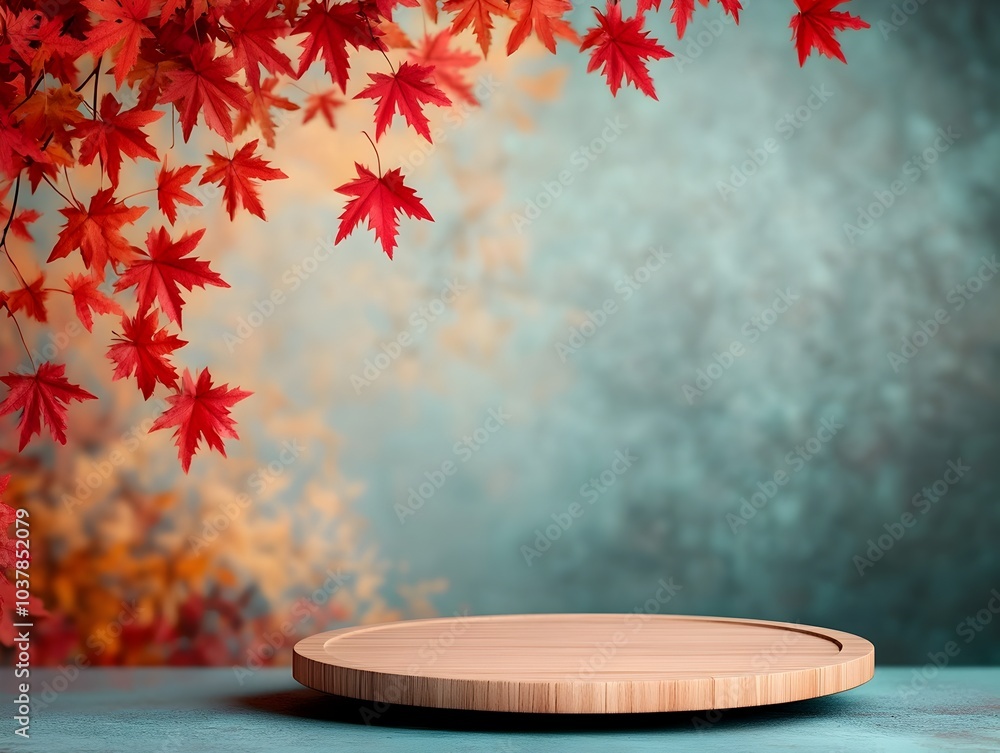 Poster autumnal wooden circular display with draped red maple leaves on warm multicolored background for pr