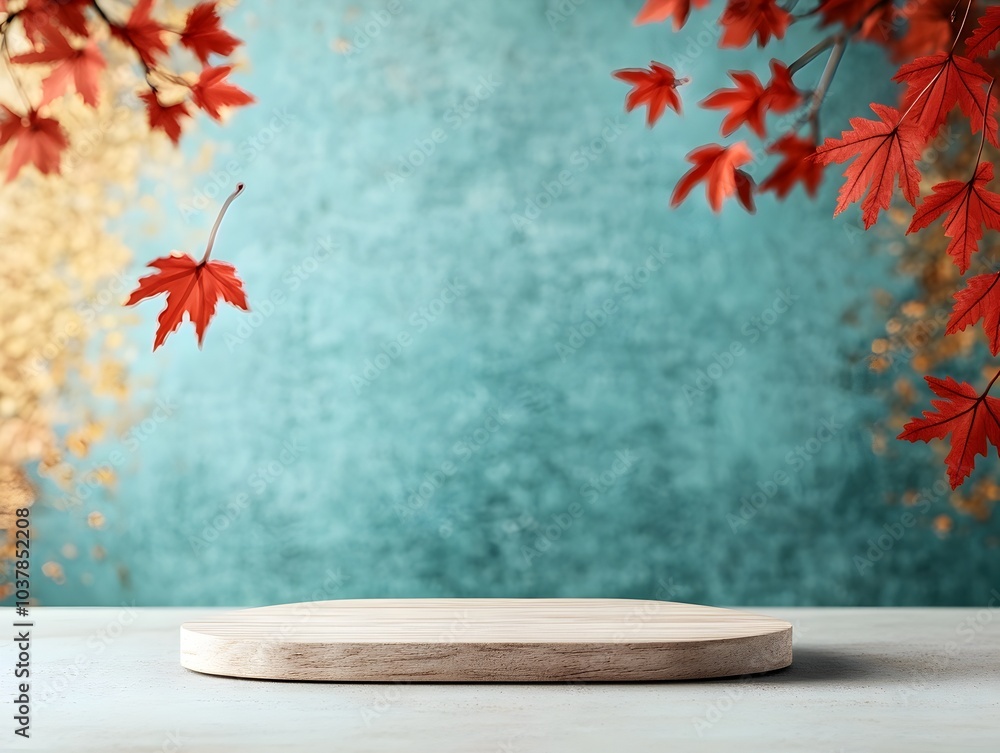 Poster minimalist wooden display platform on a tabletop accented by vibrant red maple leaves in the backgro