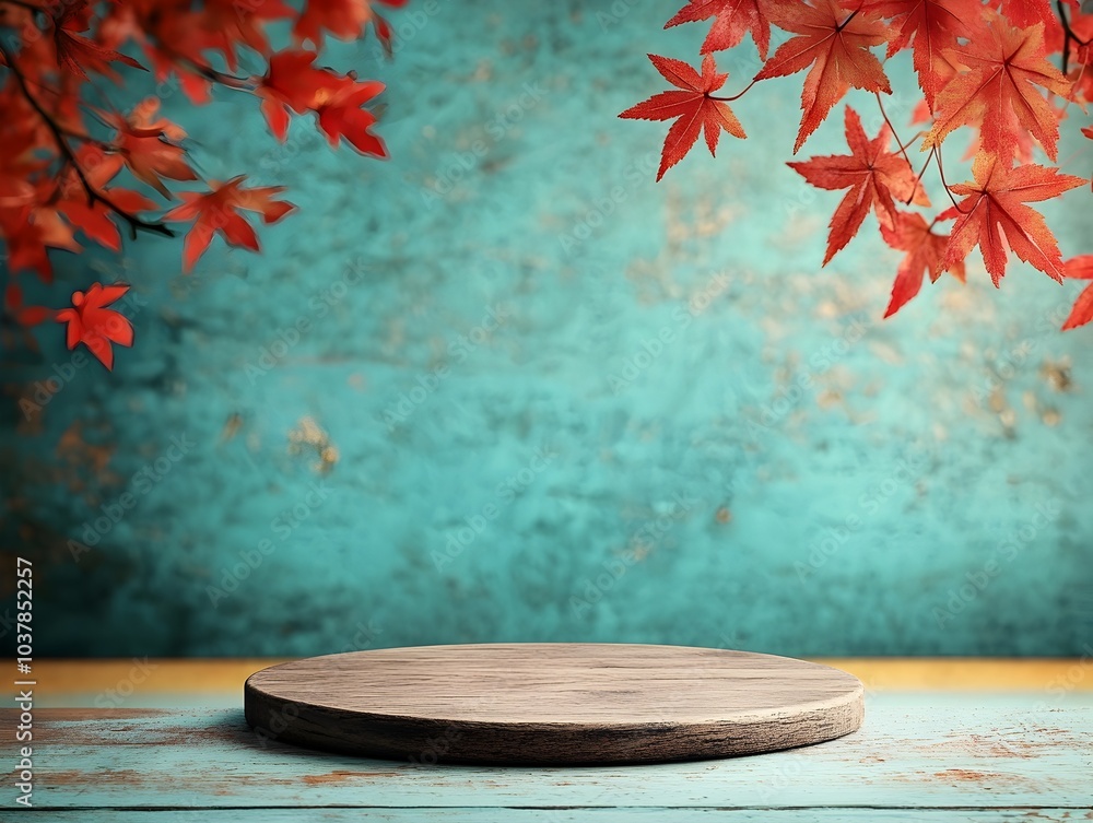Poster elegant wooden display platform on a tabletop accented by vibrant red maple leaves in the background