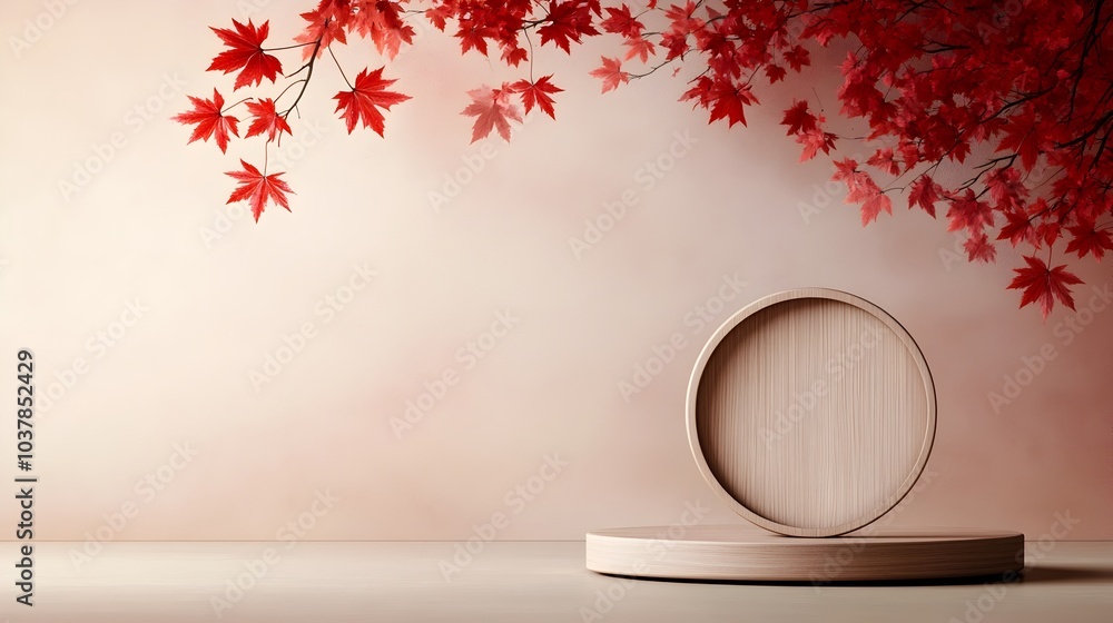 Poster elegant autumn display featuring vibrant red maple leaves suspended against a calming taupe and mauv