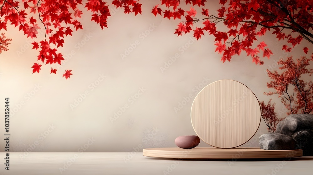 Poster elegant wooden display stand with vibrant red maple leaves suspended against a calming taupe and mau