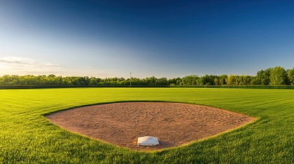 A serene outdoor baseball diamond with a well-maintained field and neatly placed bases, surrounded by lush green fields and a bright, clear sky