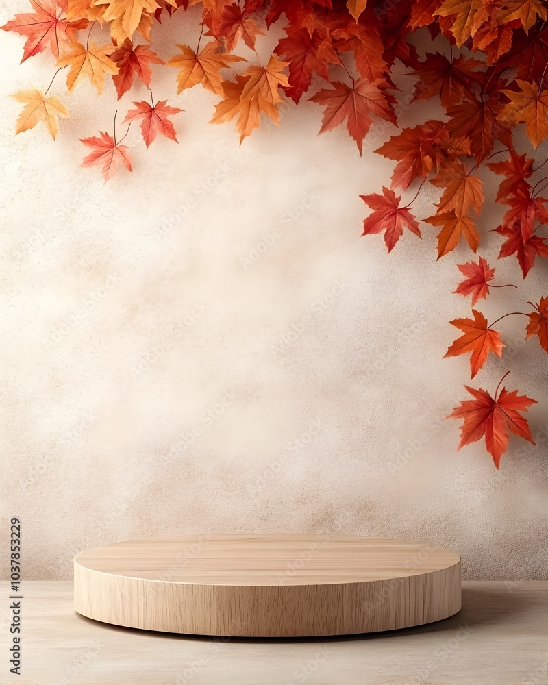 Poster elegant autumnal composition featuring a wooden platform with a cascading arrangement of vibrant map