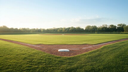 Obraz premium A serene outdoor baseball diamond with a well-maintained surface and neatly arranged bases, surrounded by manicured fields and a clear sky, early morning light creating a tranquil ambiance