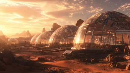 Obraz premium Envision a cutting-edge Mars colony under a dusty sunset, where modern glass domes shine amidst the red landscape, showcasing innovation and adaptability. Generative AI