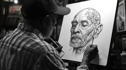 Fototapeta premium Artist Captures Tattooed Portrait in Black and White
