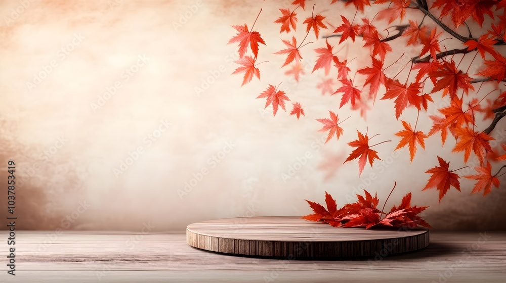 Poster elegant wooden platform with a circular design red and orange cascading maple leaves soft background