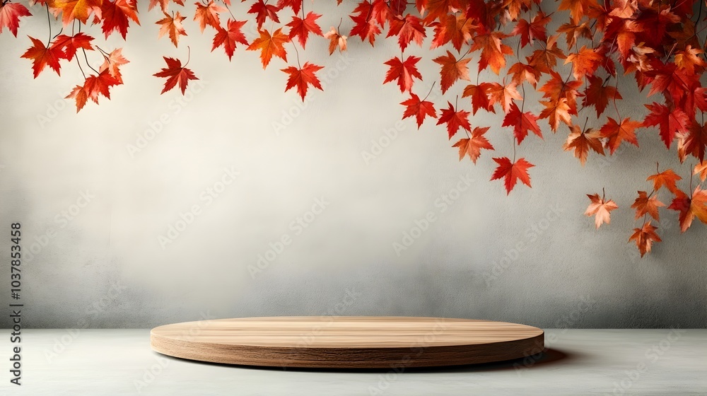 Poster wooden circular platform with a minimalist design and cascading red and orange maple leaves against 