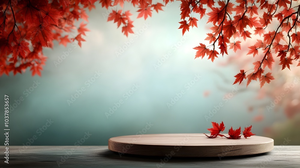 Poster elegant autumn display featuring a circular wooden platform resting on a tabletop with lush red mapl