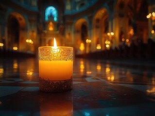 a flickering candle casts gentle shadows within a grand cathedral, evoking a contemplative mood on all saints day. the soft light reflects off ornate architecture, creating a sacred atmosphere