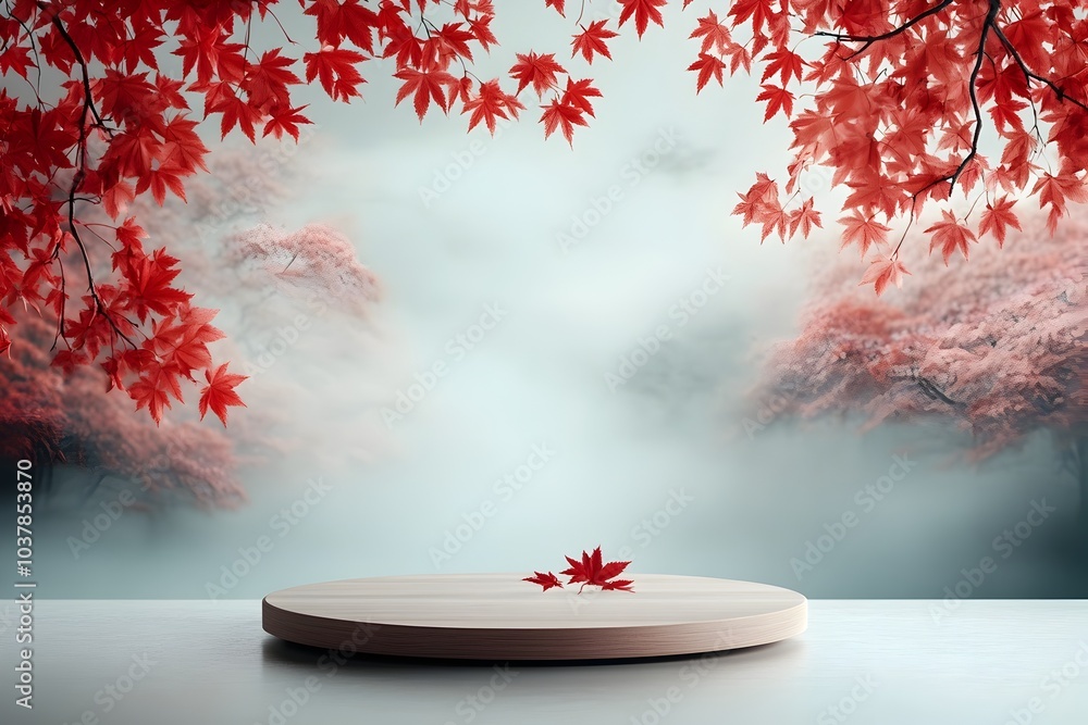 Poster elegant wooden platform with a subtly cascading red maple leaf backdrop set up for product photograp