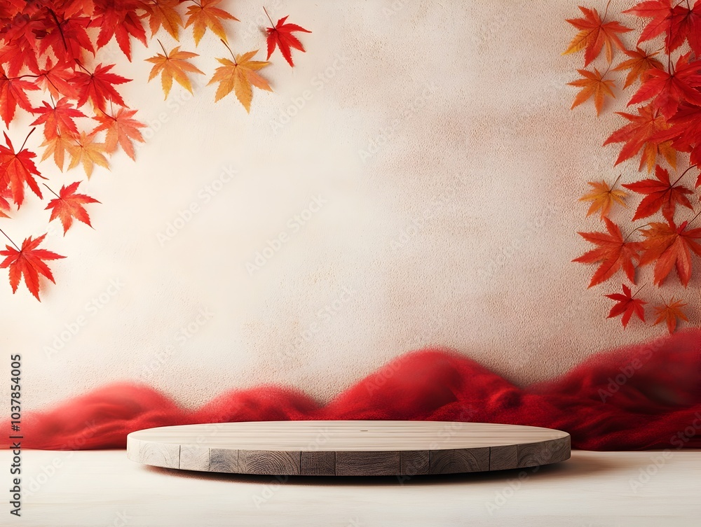 Poster wooden platform with flowing maple leaves in warm lighting tones for photographic setup simple and m
