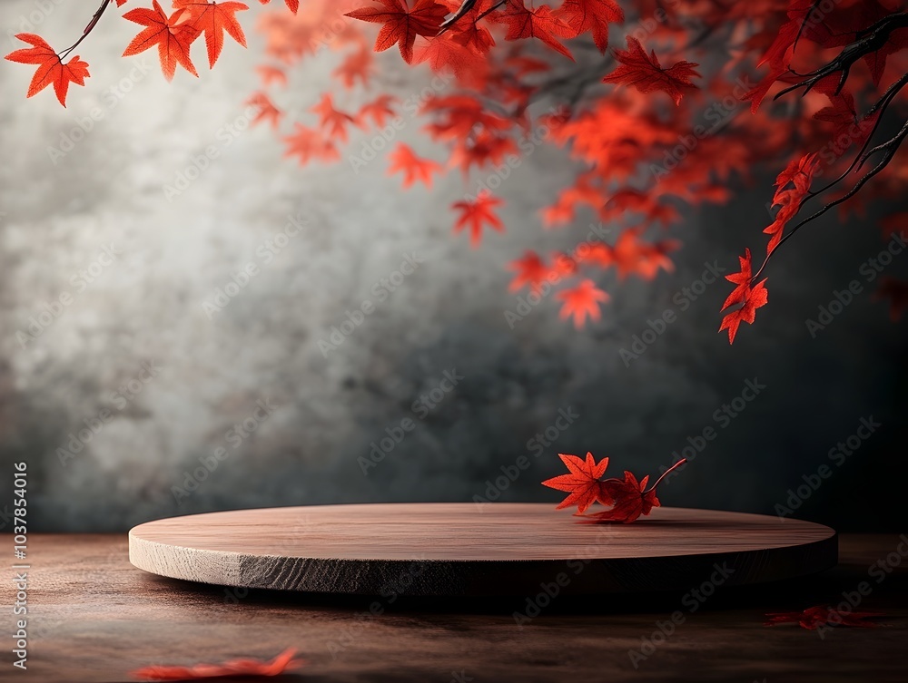 Poster elegant and minimalist wooden round platform displayed on a tabletop featuring vibrant red maple fol