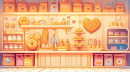 Warm Bakery Illustration with Heart-Shaped Breads and Sweets Display
