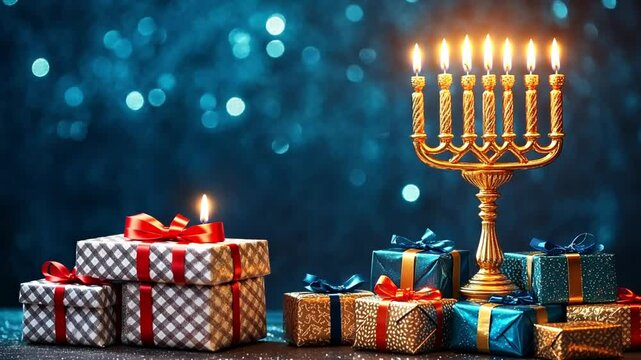 Festive Hanukkah menorah with glowing candles and presents in a cozy warm background, holiday animation