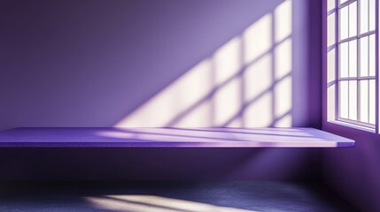 Obraz premium 3D room studio with tabletop. Floor and wall with empty purple podium. Overlay of shadow from the window onto the tabletop. Bright violet kitchen Mockup with countertop in purple color