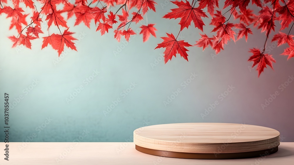 Aufkleber a round wooden podium standing on a table with red maple leaves elegantly draped in the background t