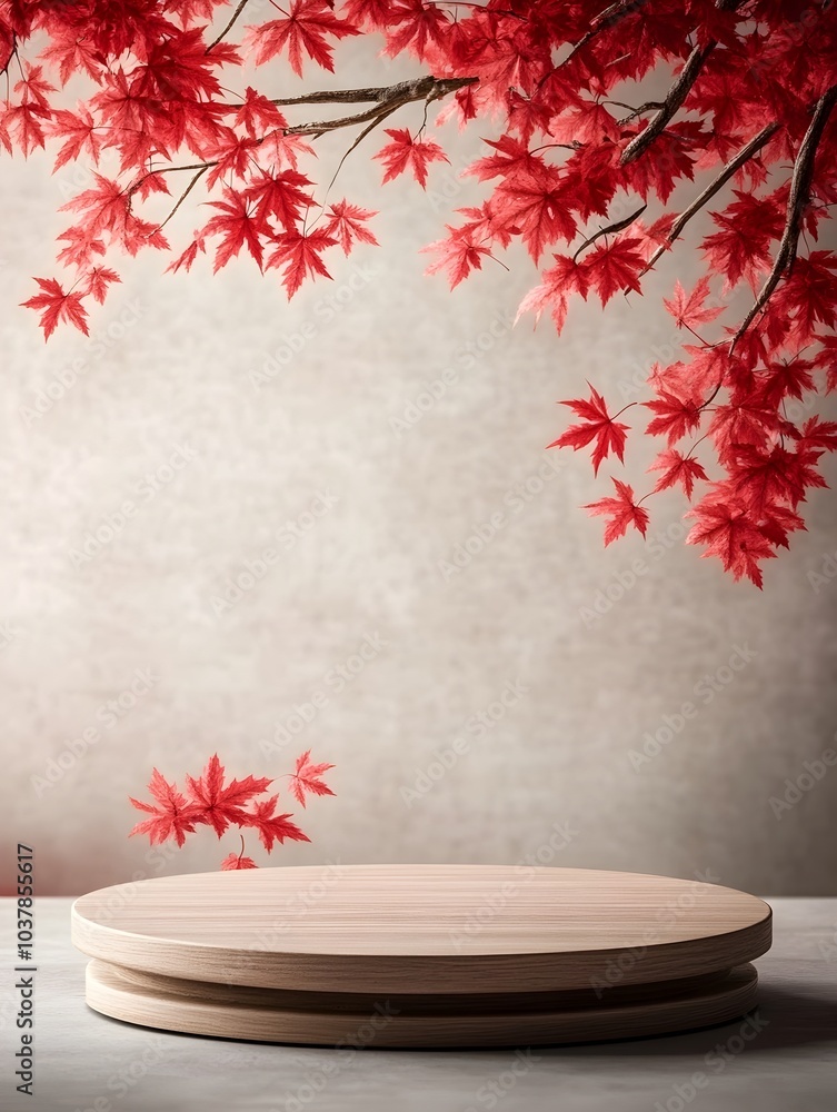 Poster elegant wooden podium set against a backdrop of vibrant red maple leaves creating a warm and serene 