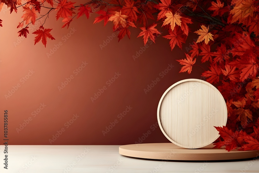 Poster elegant autumn tabletop display with a wooden round platform lush red maple foliage draped in the ba