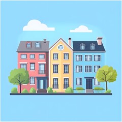 Fototapeta premium Colorful Row of Houses with Trees and Blue Sky