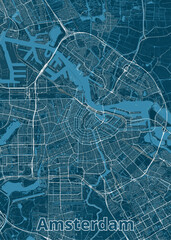 A detailed map of Amsterdam, Netherlands, rendered in a minimalist style. The map features a dark blue background with white lines representing streets, canals, and other urban features.