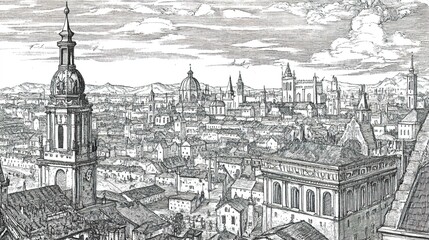Obraz premium A captivating depiction of the ancient city of Munich, presented in the style of an ancient engraving. This artwork captures the historical architecture and vibrant street life of Munich, 