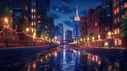 Naklejka premium Night Cityscape with a Waterway