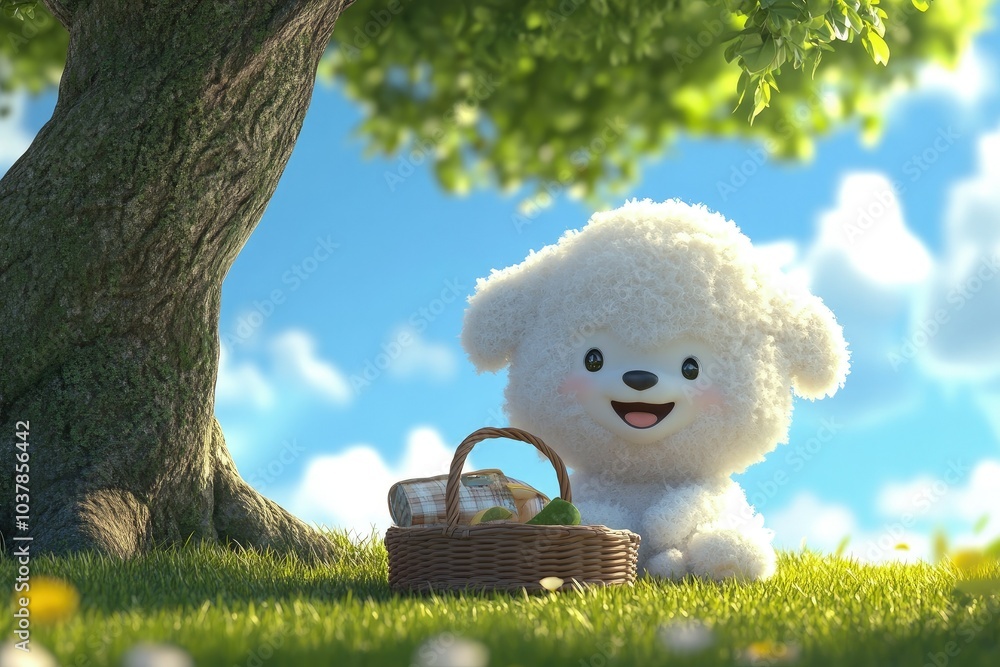 Poster a white teddy bear holding a basket next to a tree