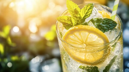 A clear glass filled with iced lemonade showcases vibrant lemon slices and mint leaves, all glistening in the warm summer sunlight, creating a refreshing vibe. Generative AI