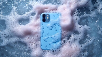 Fototapeta premium A smartphone covered in water droplets amidst pink foam, suggesting a playful or refreshing scene.