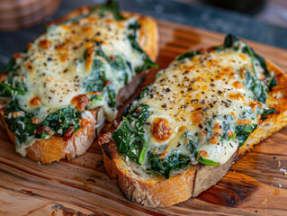 Delicious toasted bread topped with spinach and melted cheese, garnished with black pepper. This savory dish is perfect for snack or appetizer
