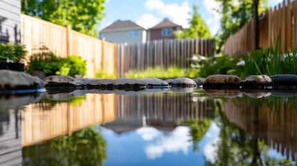 Obraz premium Backyard with standing water reflecting the surrounding trees and sky, capturing the serene beauty of nature's reflection and the tranquility of a still moment.