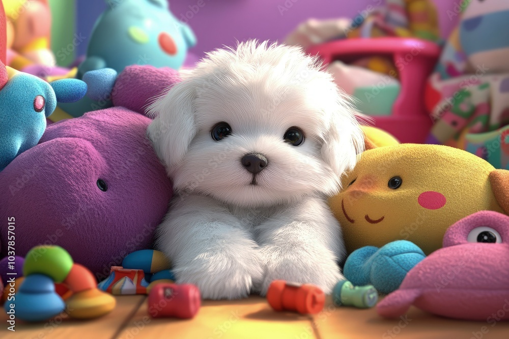 Poster a small white dog surrounded by stuffed animals