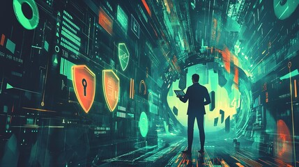 A Chief Information Security Officer (CISO) standing in a futuristic cyber landscape surrounded by digital shields, locks, and fluctuating graphs. The CISO monitors market volatility and cybersecurity
