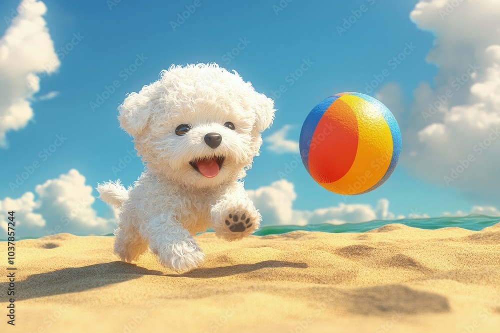 Poster a small white dog running across a sandy beach