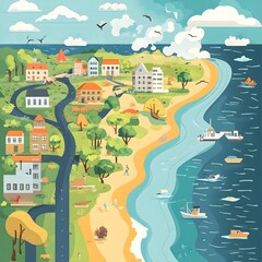 Coastal Town Illustration with Beach  Boats  and Buildings