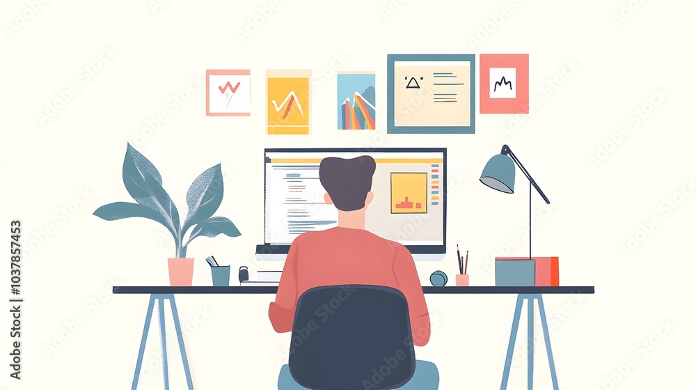 Poster man working at computer desk with plants and artwork