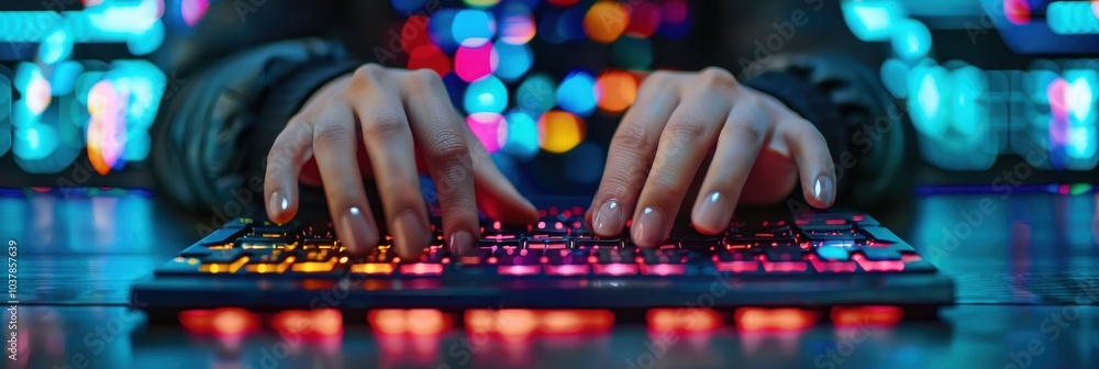 Aufkleber close-up of hands typing on a backlit keyboard with colorful led lights, showcasing technology and c