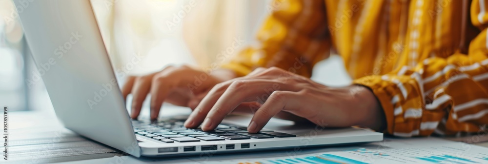 Poster close-up of hands typing on a laptop keyboard, working on a project, with natural light filtering th