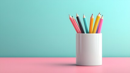 Colorful Pencils in White Cup on Teal and Pink Background