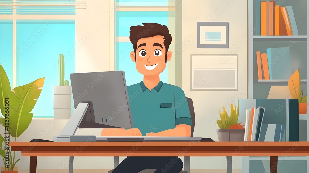 Aufkleber Smiling Man Working on Computer in Office